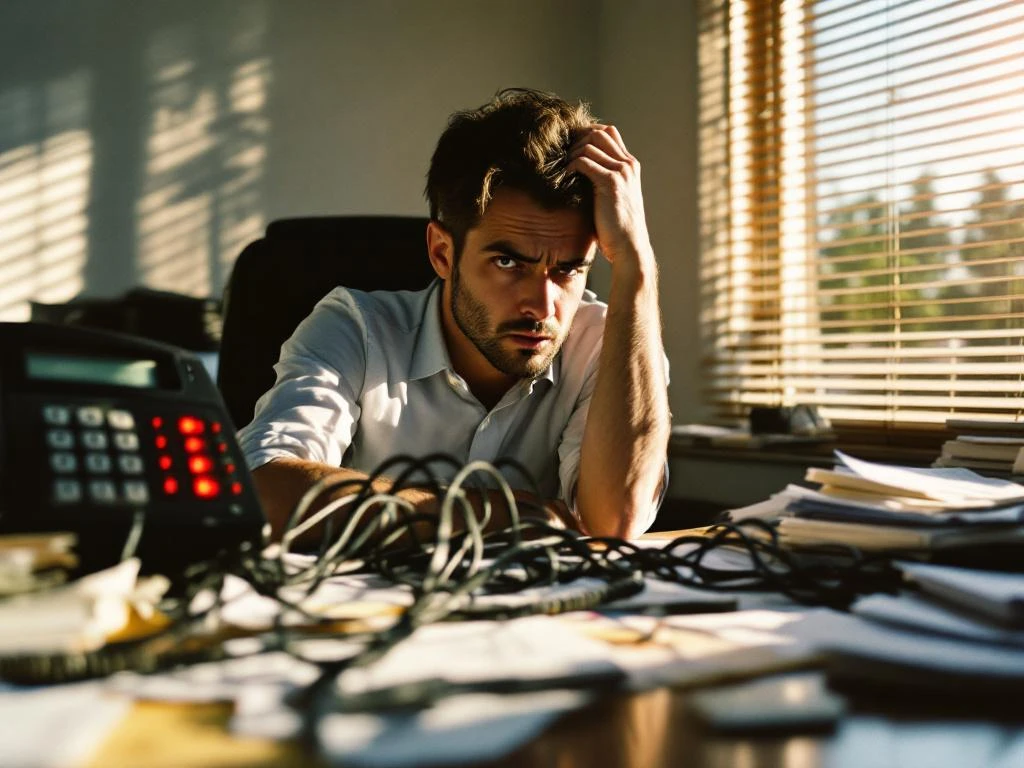 Gefrustreerde zakelijke directeur met hoofd in handen aan rommelig bureau met knipperende telefoon en facturen