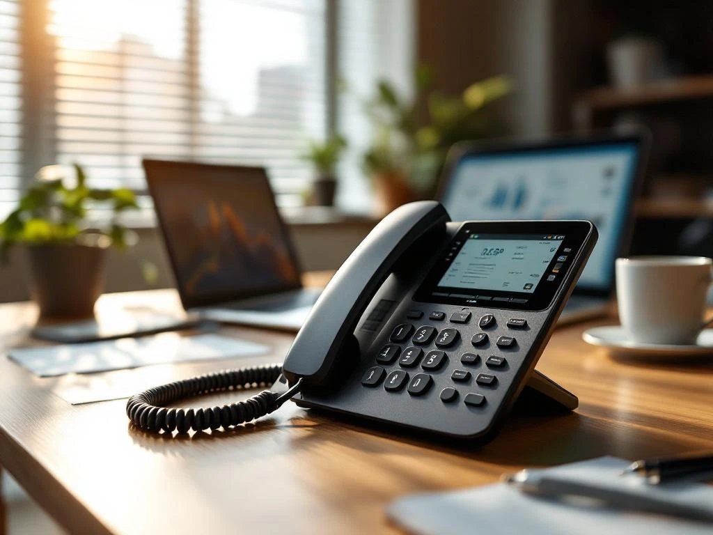 Zwarte IP-telefoon op modern houten bureau met laptop, ethernetkabels en kantoorbenodigdheden in warm zonlicht