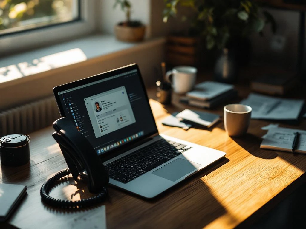 Moderne kantoorwerkplek met laptop met Microsoft Teams interface en zwarte telefoon in gesprek op houten bureau