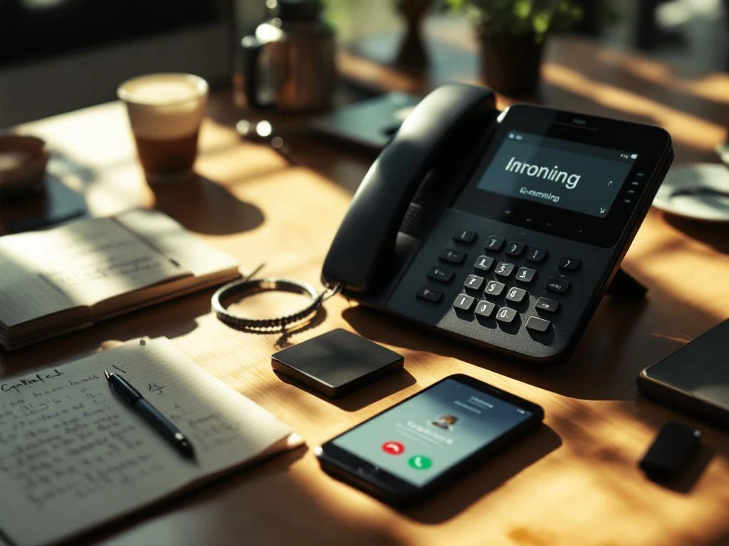 Moderne kantoortelefoon met inkomend gesprek naast smartphone op houten bureau met visitekaartjes en notitieblok