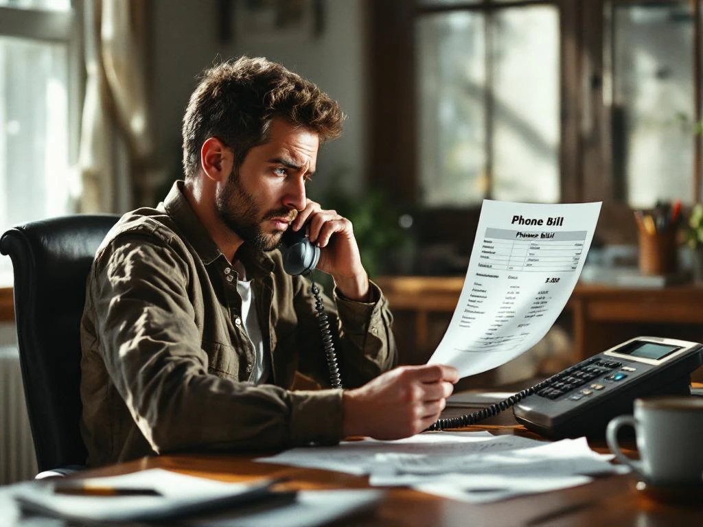Gefrustreerde ondernemer bekijkt hoge telefoonrekening aan bureau met oude telefoon en verspreide facturen
