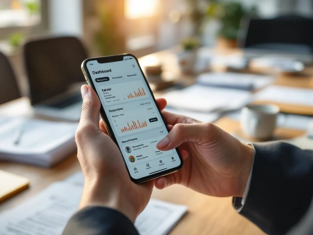 Zakenhand houdt smartphone met bedrijfsdashboard boven houten vergadertafel met documenten en laptop op kantoor