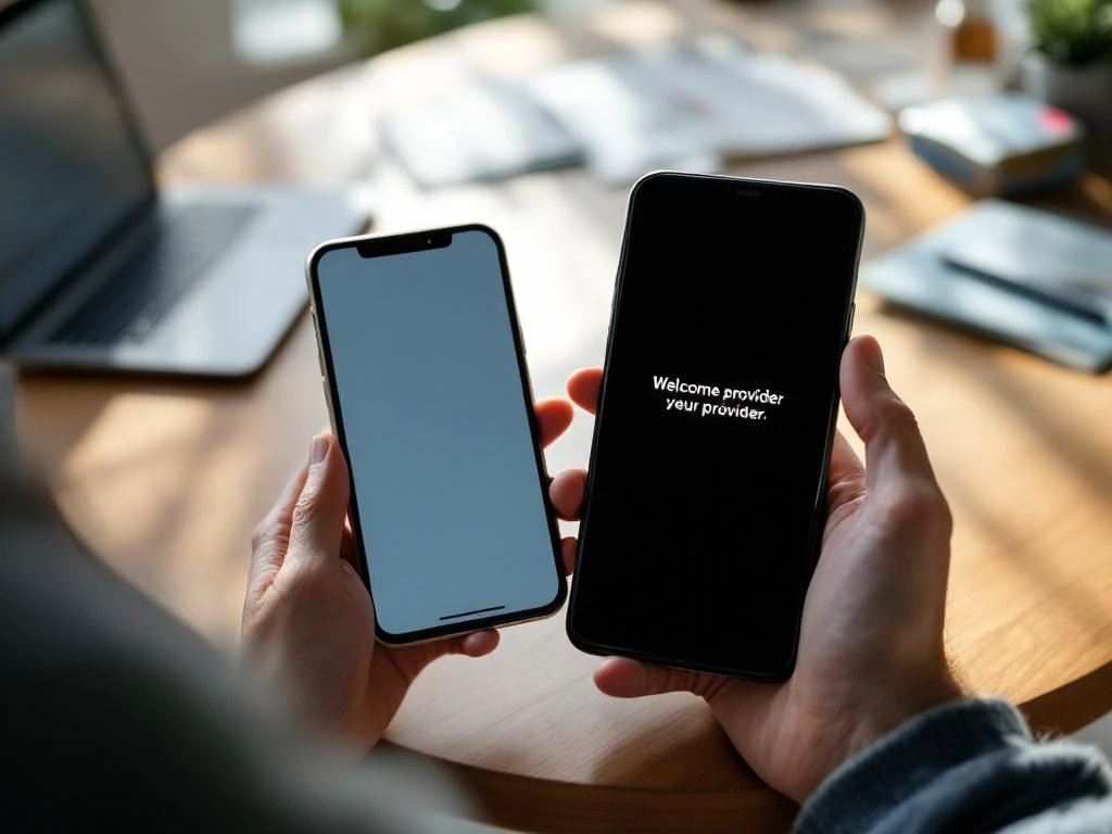 Hand houdt twee smartphones vast met mobiele provider apps op houten keukentafel naast laptop en papierwerk