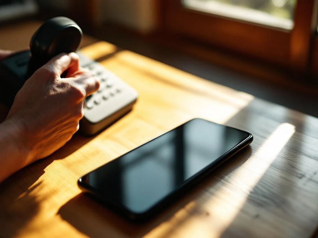 Hand houdt zwarte vaste telefoon vast terwijl hij naar smartphone reikt op houten bureau in warm zonlicht