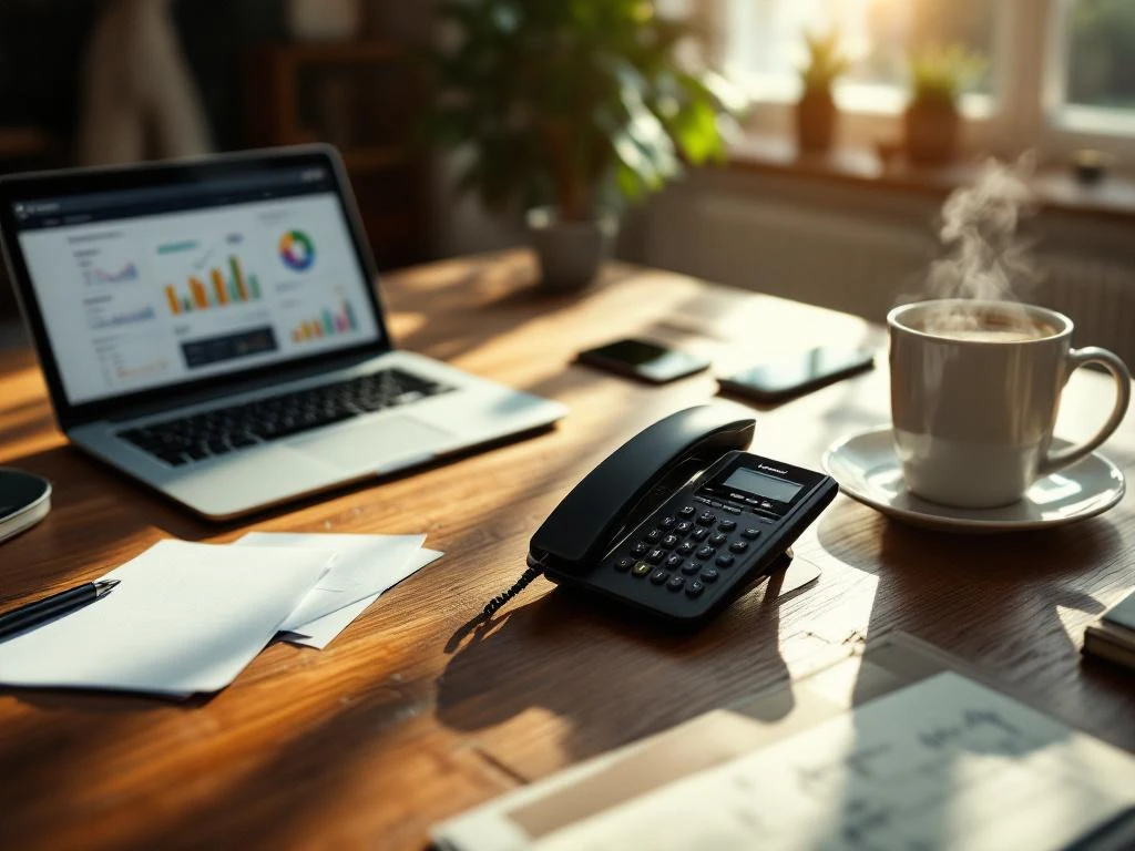 Draadloze telefoon op houten bureau met laptop, koffie en notities in professionele thuiswerkplek met natuurlijk licht