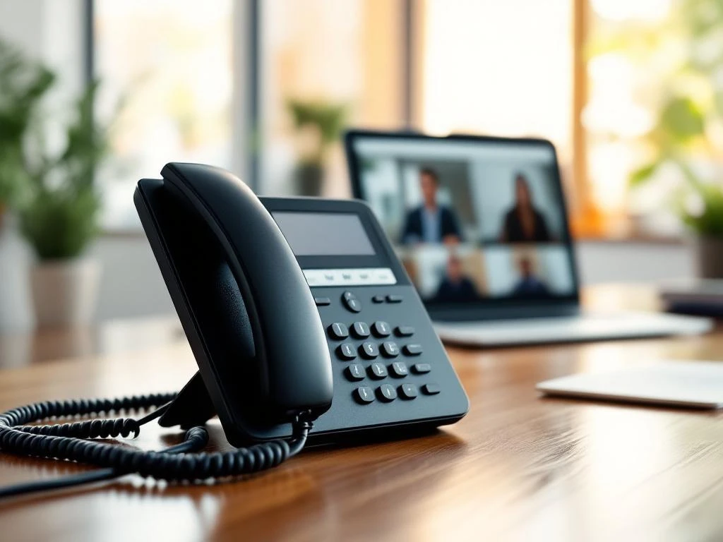 Zwarte VoIP-telefoon op modern kantoorbureau met ethernet-kabels, laptop met videoconferentie op achtergrond