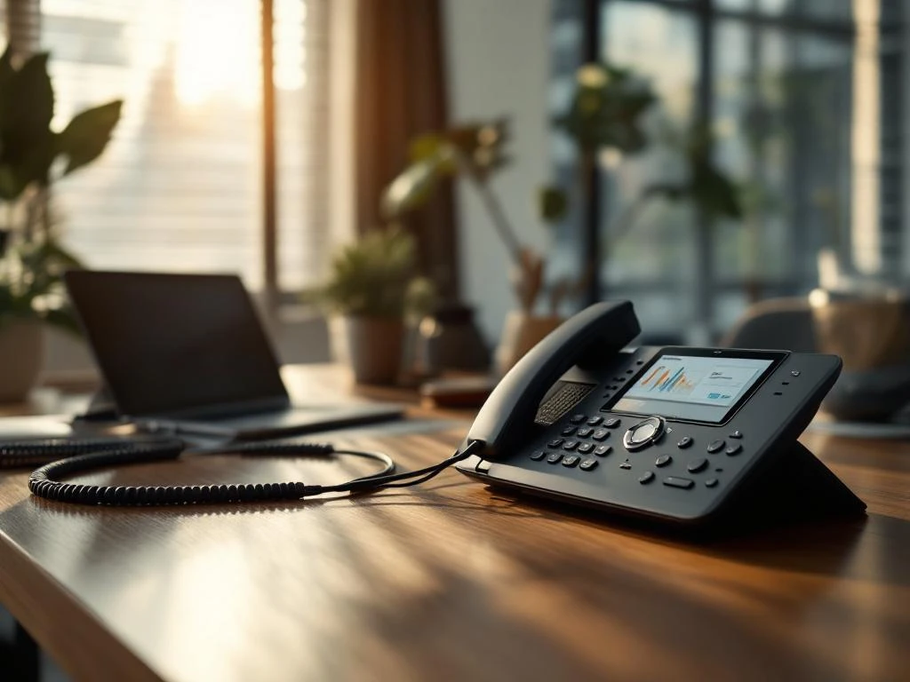 Moderne zwarte VoIP telefooncentrale op kantoorbureau met meerdere handsets en ethernet kabels, laptop op achtergrond