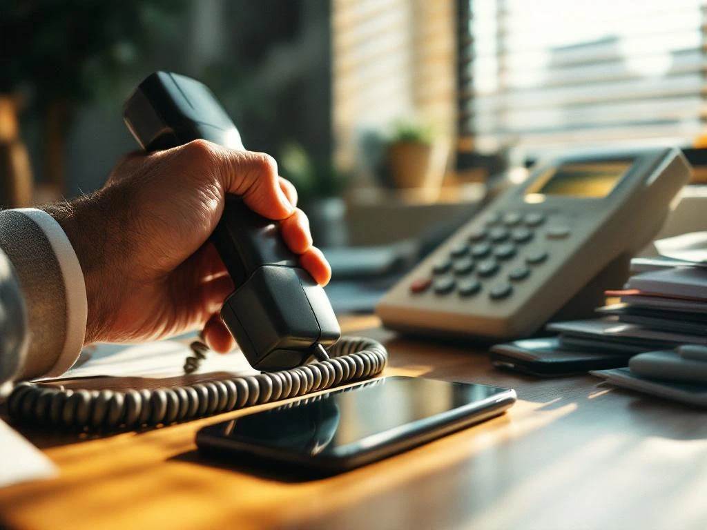 Zakenman houdt verouderde ISDN telefoon vast naast moderne smartphone op houten bureau met documenten en zonlicht