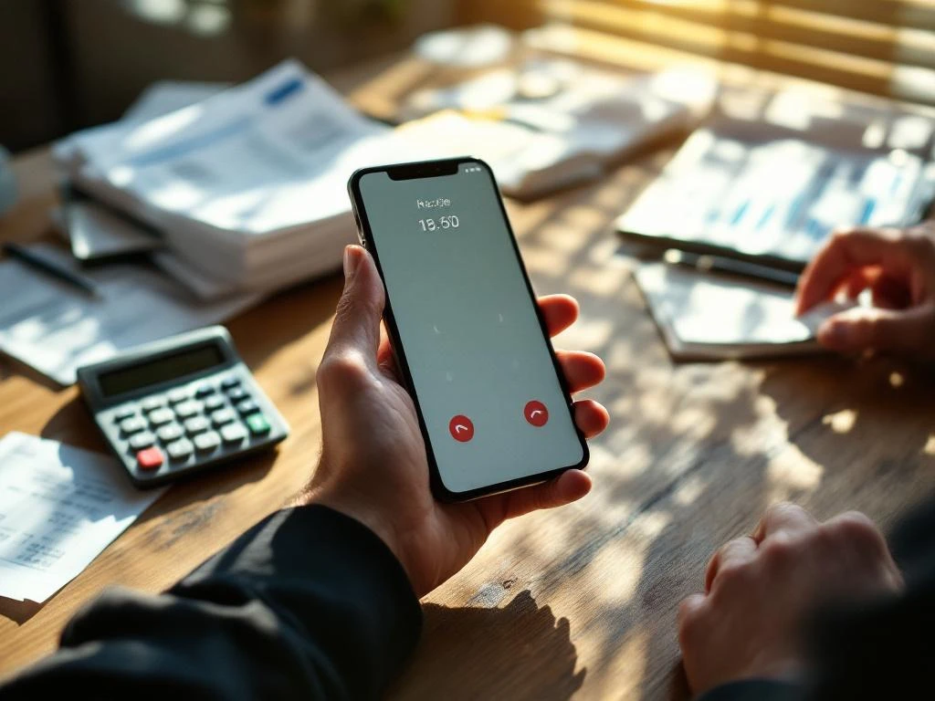 Zakenman houdt smartphone met belinterface boven houten bureau met telefoonrekeningen en rekenmachine