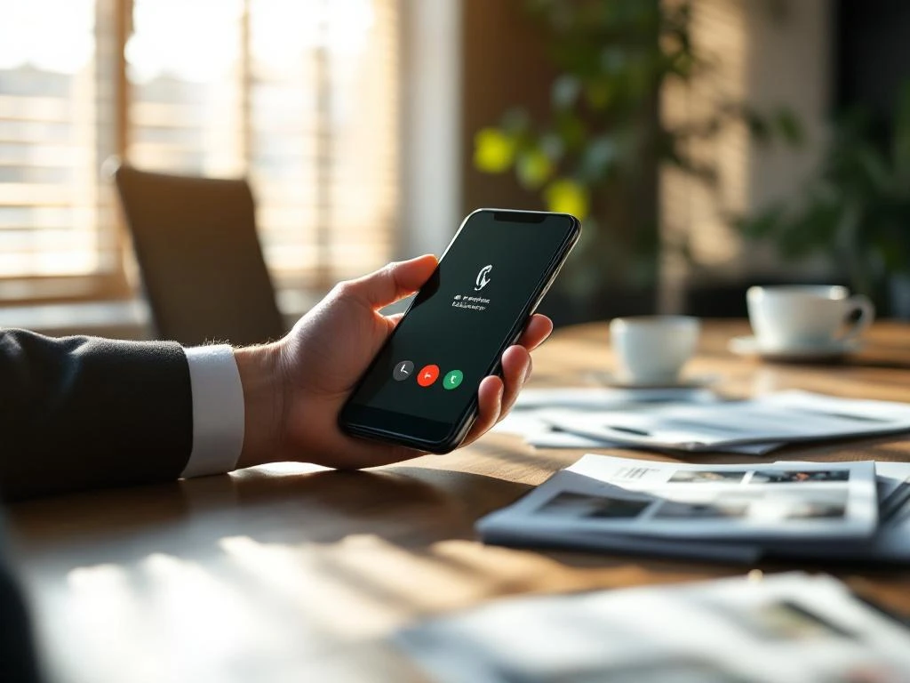 Zakenman houdt smartphone met belinterface boven houten vergadertafel met telecombrochures en koffiekopje