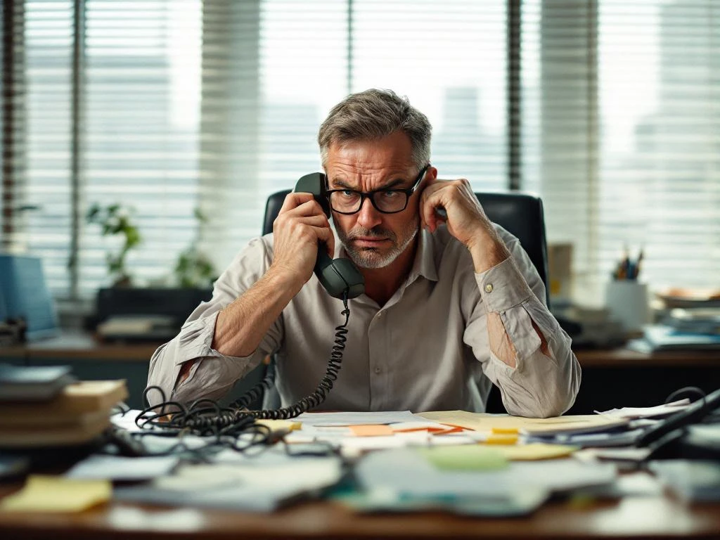 Gefrustreerde zakenman met verfrommeld overhemd houdt ouderwetse telefoonhoorn vast aan rommelig kantoorbureau