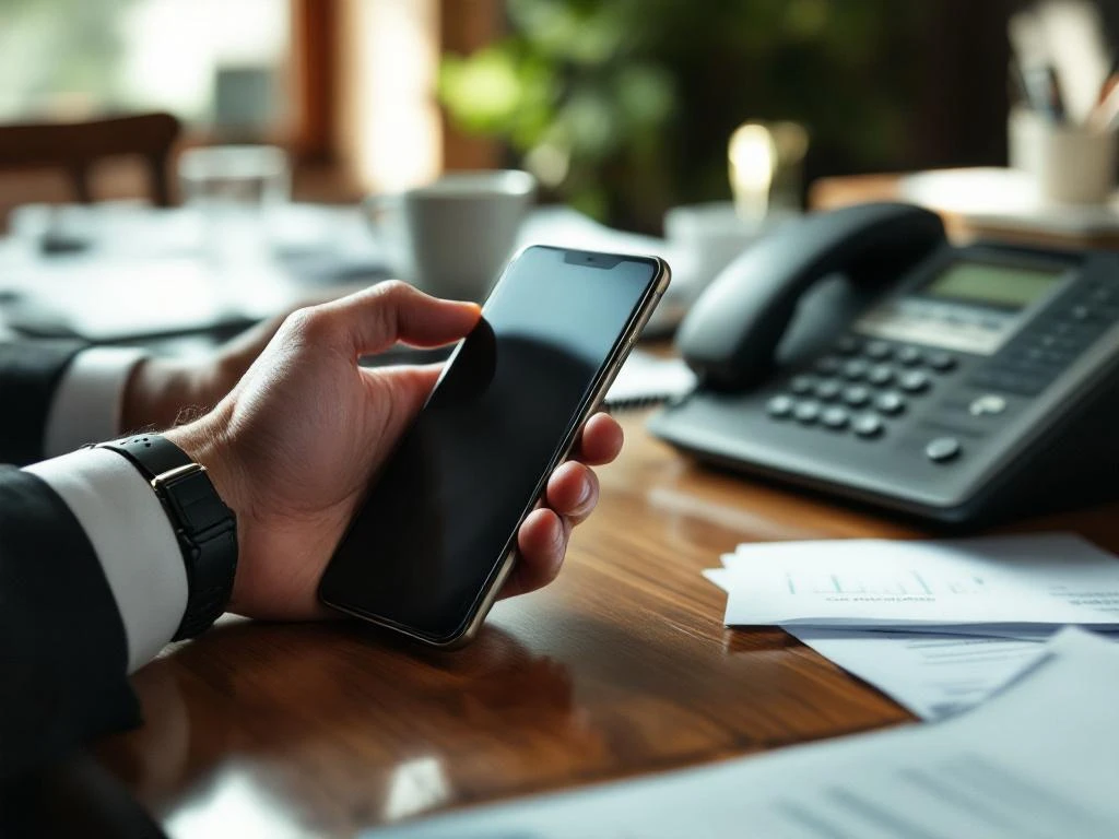 Zakenman houdt smartphone vast naast traditionele bureautelefoon op houten bureau met documenten in kantooromgeving