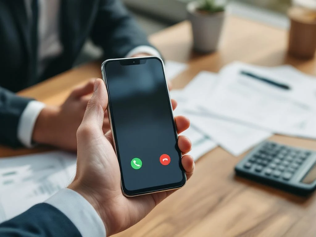 Zakenman houdt smartphone met belinterface boven houten bureau met facturen en rekenmachine in kantoor