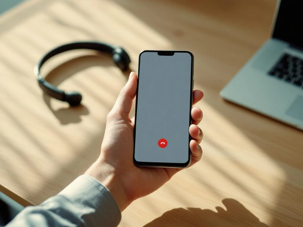 Zakenman houdt smartphone met belinterface op houten bureau naast headset in kantoor met natuurlijk licht