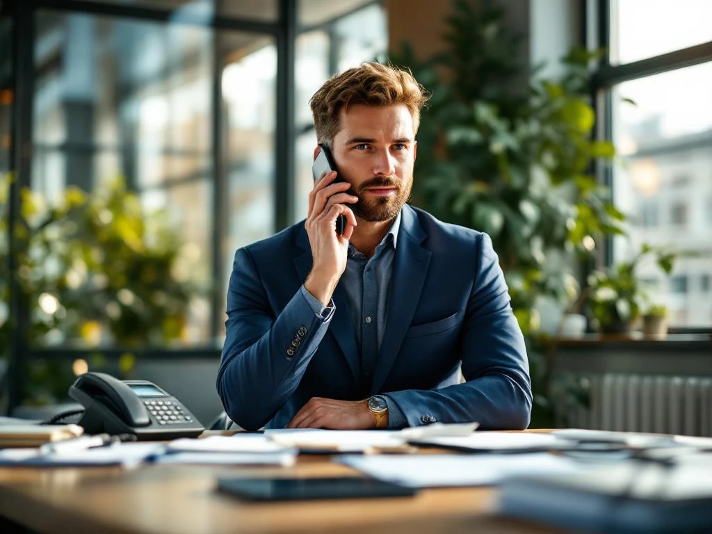 Zakenman in marineblauw pak belt met smartphone naast bureau met vaste telefoon en papierwerk in kantoor
