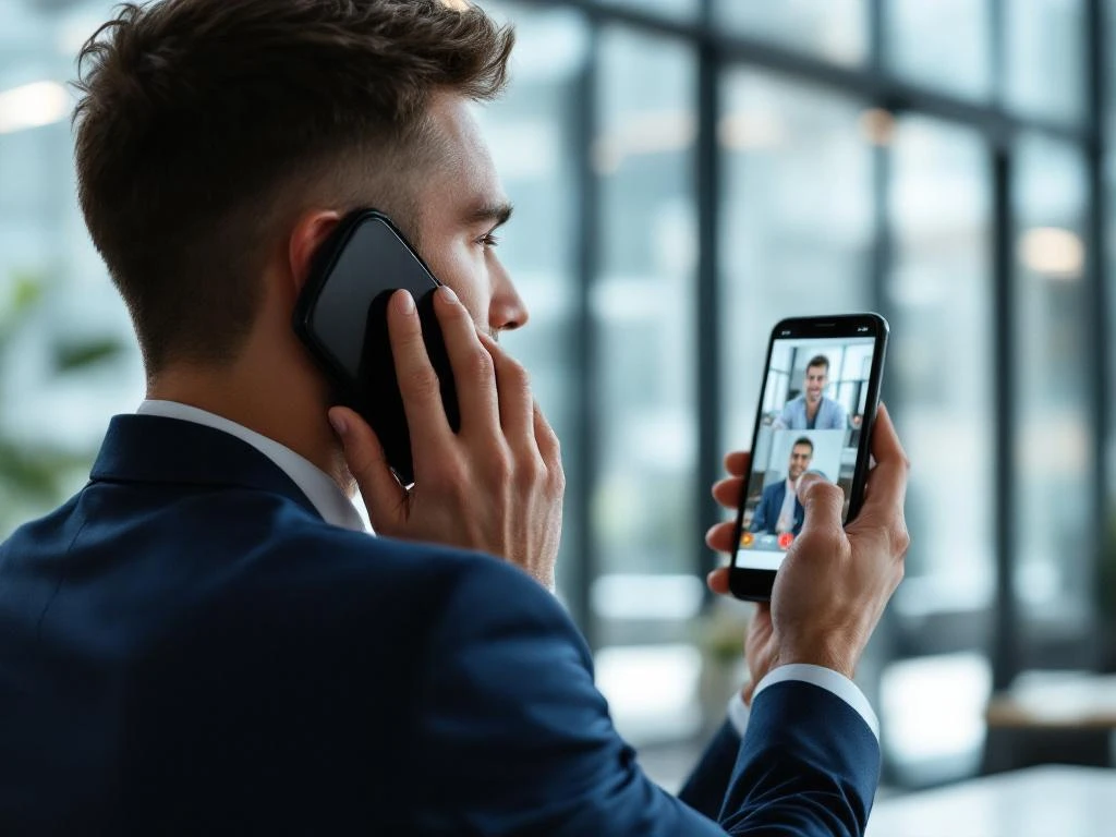 Zakenman in marineblauw pak voert videogesprek op smartphone in moderne glazen vergaderruimte met natuurlijk licht