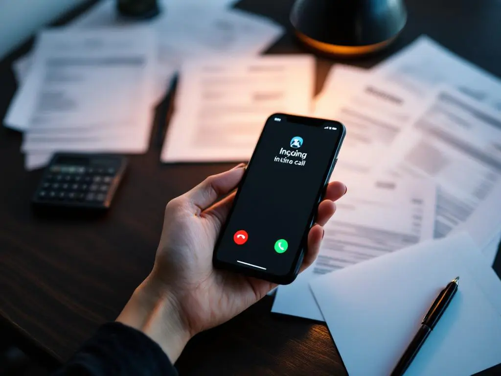 Zakenvrouw houdt smartphone met inkomende oproep boven bureau met facturen, rekenmachine en pen