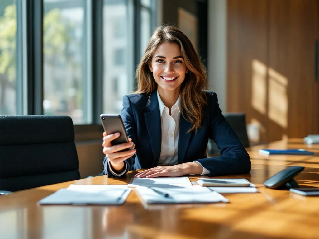 Zakenvrouw in marineblauw blazer houdt twee smartphones vast aan houten vergadertafel met telecom brochures