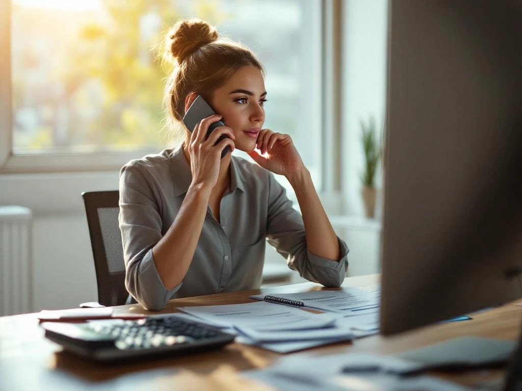 Zakenvrouw belt op smartphone aan houten bureau met facturen en rekenmachine in kantoor met natuurlijk licht
