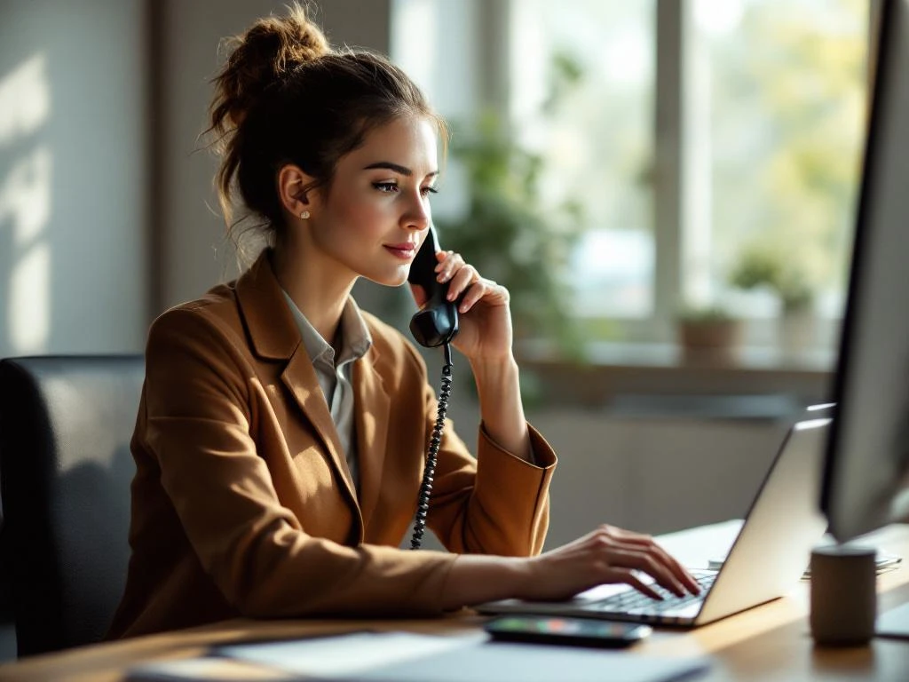 Professionele zakenvrouw beantwoordt telefoon aan bureau met laptop en smartphone, natuurlijk kantoorlicht