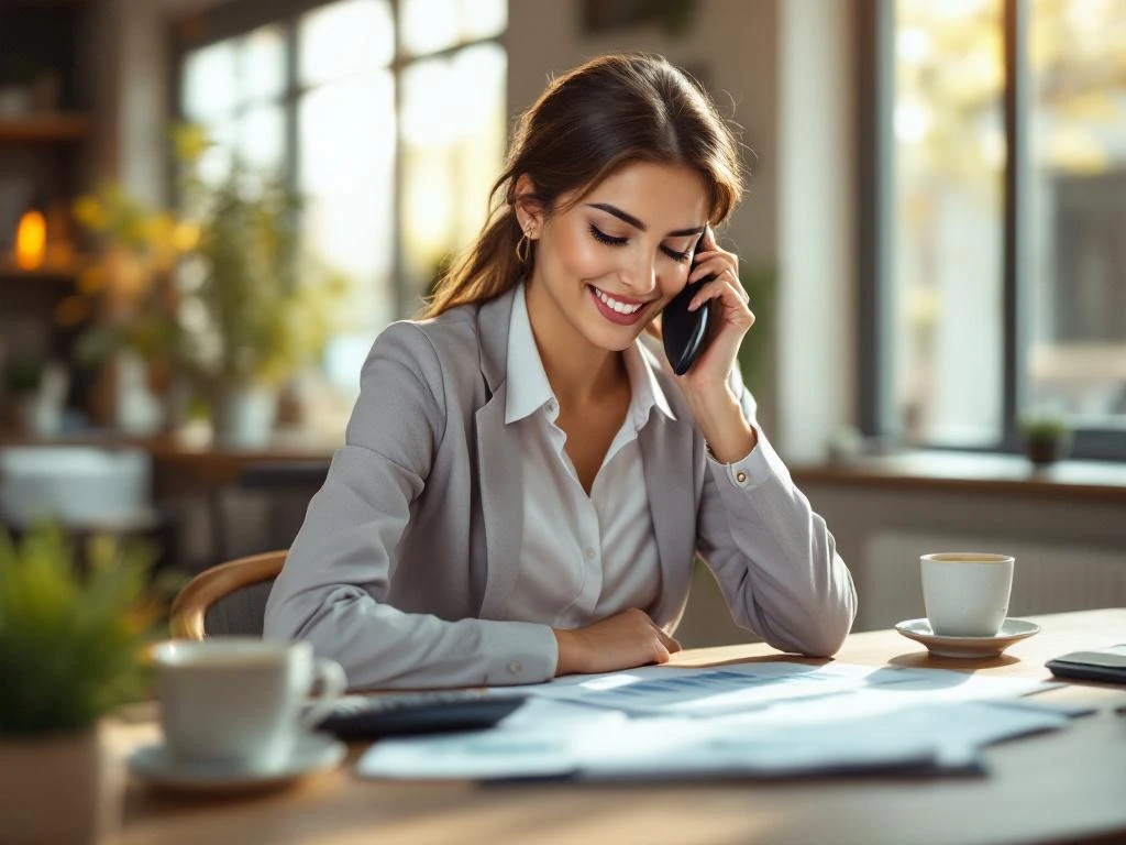 Zakenvrouw belt aan bureau terwijl ze financiële documenten bekijkt, calculator en koffie binnen handbereik