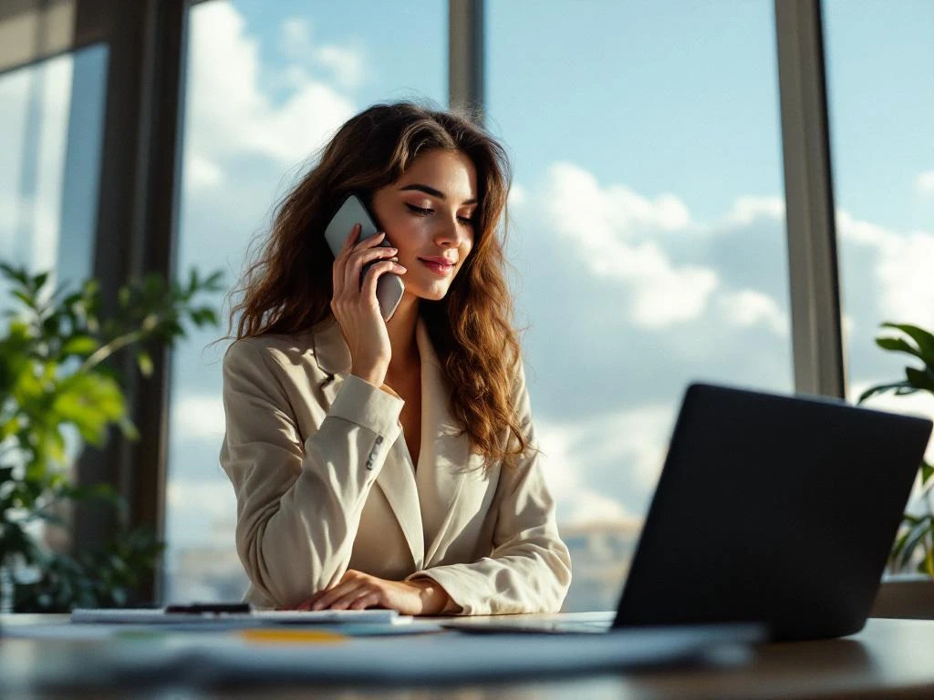 Professionele zakenvrouw belt met smartphone bij kantoorvenster, laptop en notitieblok op bureau, natuurlijk licht