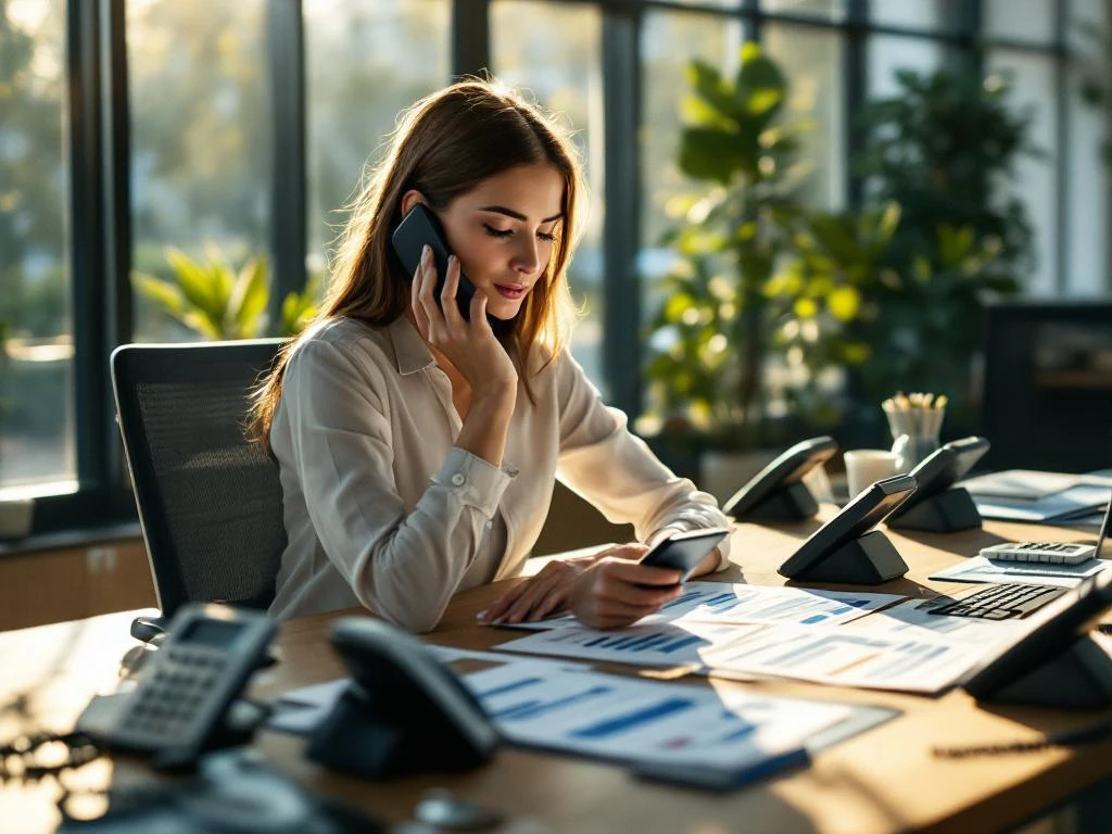 Zakenvrouw belt aan bureau terwijl ze vergelijkingsgrafieken bekijkt, omringd door verschillende telefoonmodellen