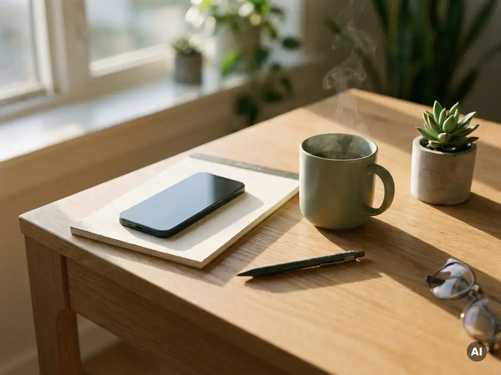 Smartphone op een schoon notitieboek op een modern bureau, dampende koffie en zacht middagzonlicht op de achtergrond.