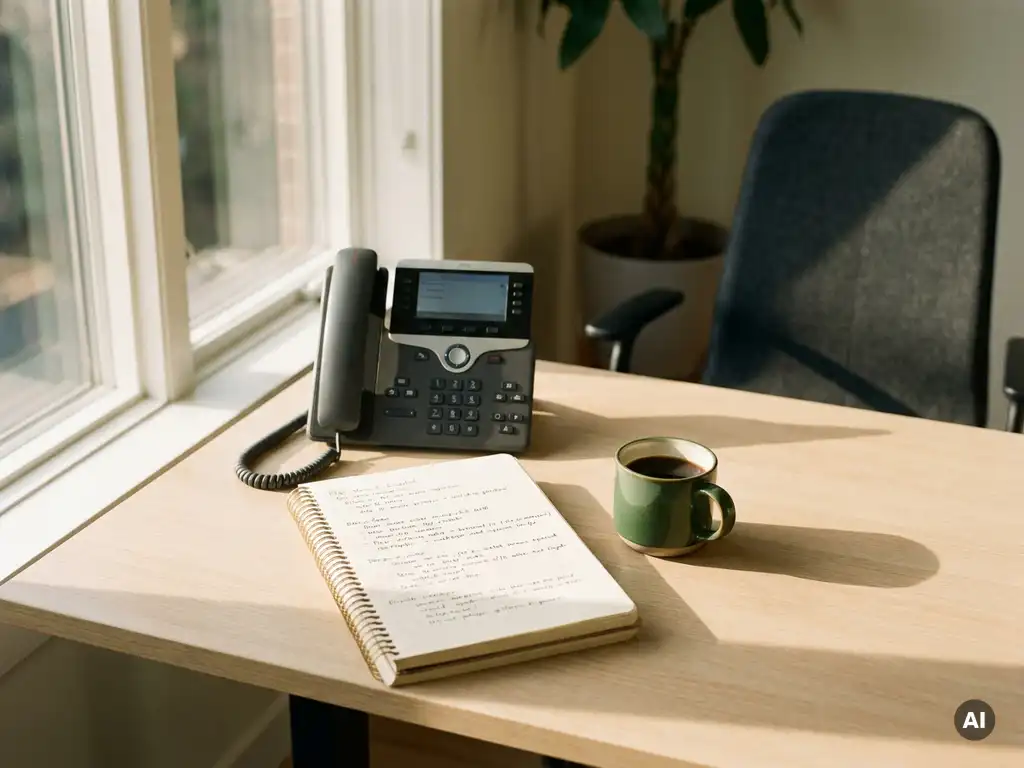Modern kantoorbureau met telefoon, notitieboekje vol handgeschreven notities en koffiekop in warm middaglicht.