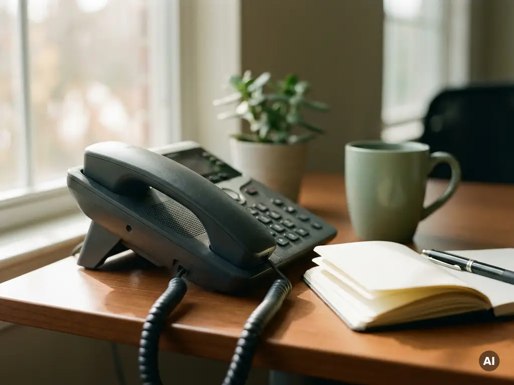 Moderne telefoonhoorn op houten bureau naast open notitieboekje met pen, warm middaglicht, rustige kantooromgeving.