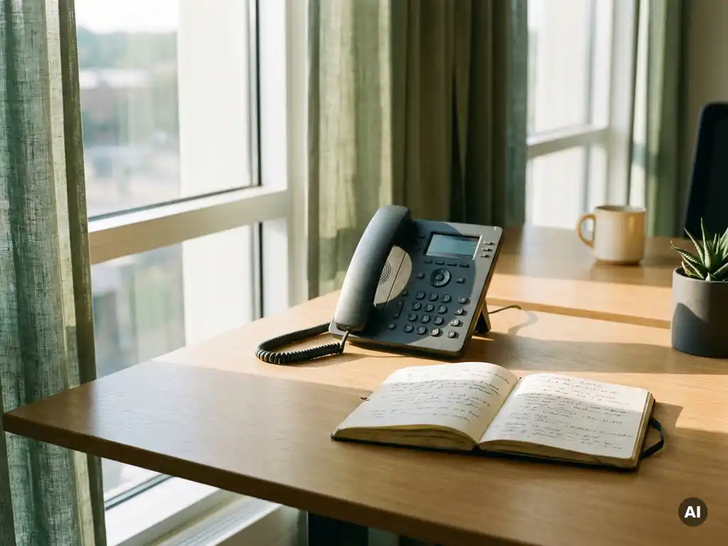 Moderne bureautelefoon naast een opengeslagen notitieboek op een houten bureau, warm middaglicht vanuit een kantoorvenster.