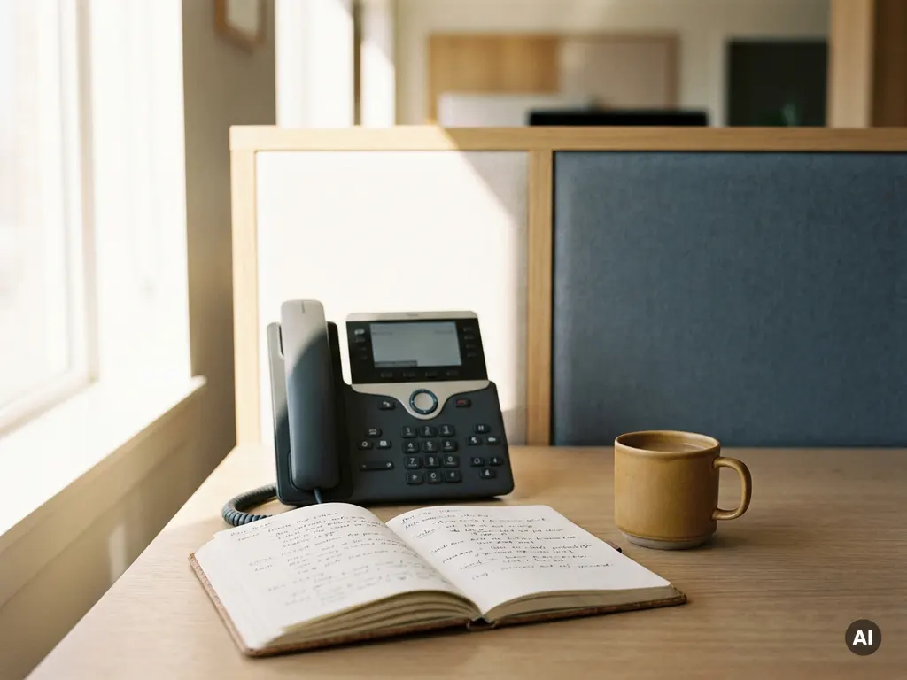 Moderne bureautelefoon naast een open notitieboek met handgeschreven notities en een kop koffie in een rustige kantooromgeving.