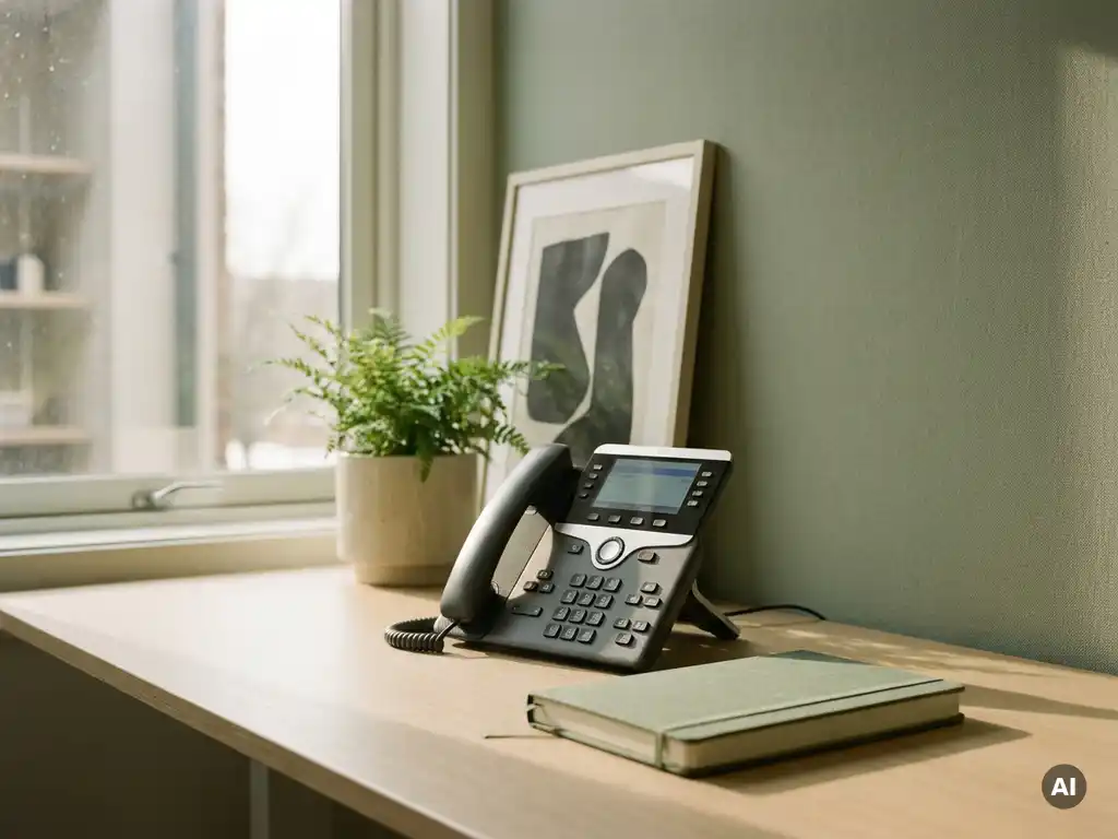 Modern bureau met vaste telefoon en gesloten notitieboekje, zacht natuurlijk licht, stijlvolle werkplek in saliegroen en warmwit.
