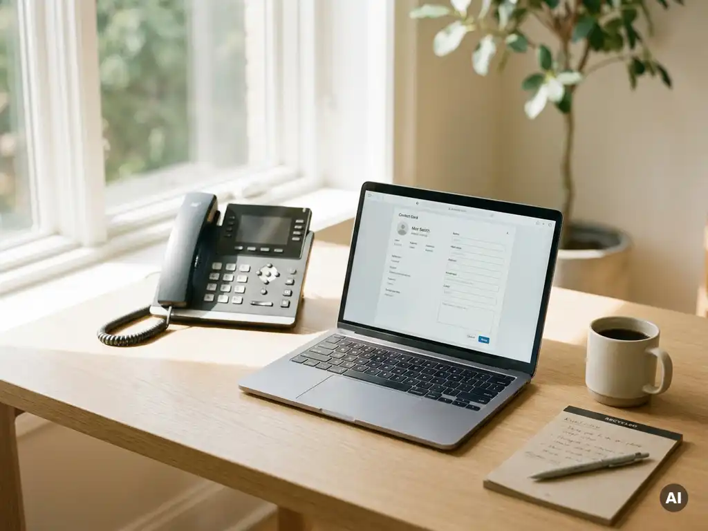 Bureautelefoon naast laptop met CRM-contactkaart op licht eiken bureau, notitieblok en koffiemok in warm kantoorlicht.