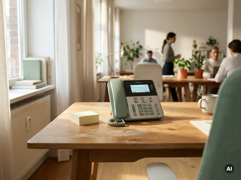 Moderne DECT-zakelijke telefoon op een houten bureau met sticky notes, open kantoor op de achtergrond, warm natuurlijk licht.