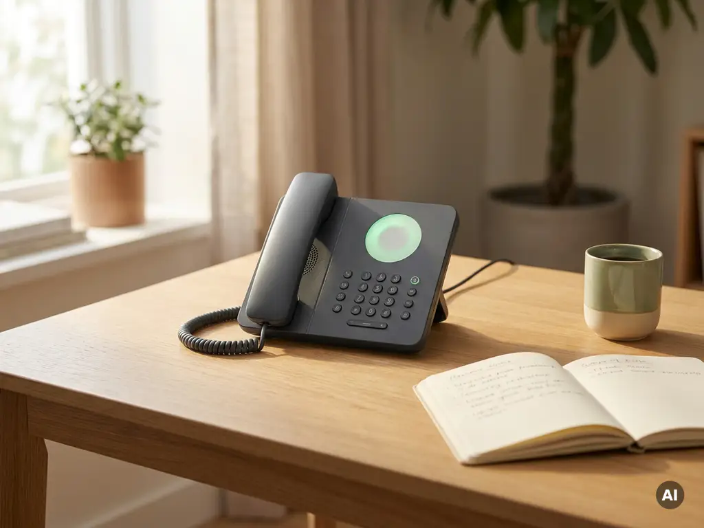 Kantoortelefoon met groen indicatielampje op houten bureau naast notitieboekje en koffiekopje in warm natuurlijk licht.