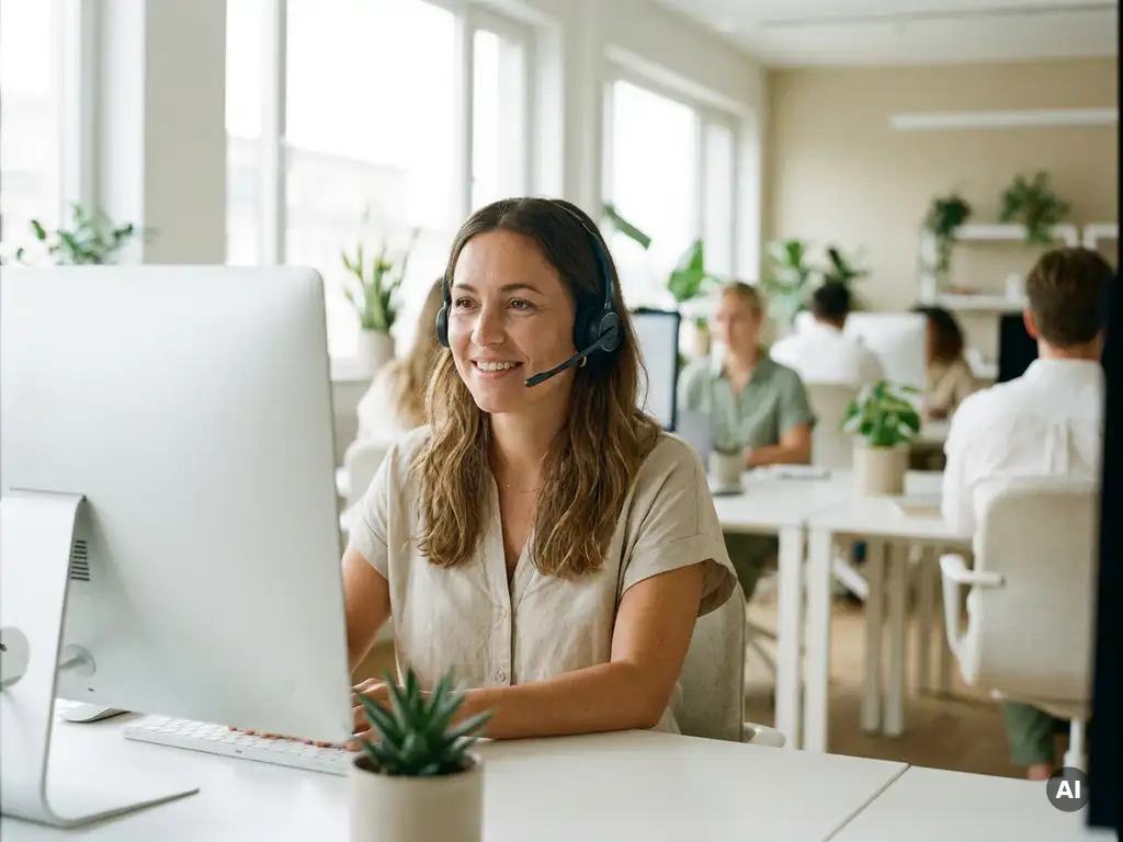Glimlachende klantenservicemedewerker met headset aan modern bureau, licht kantoor op de achtergrond.