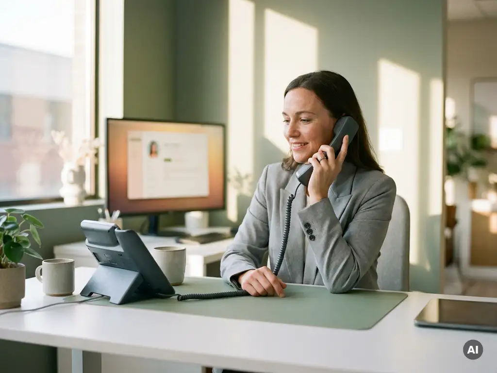 Zakelijke professional beantwoordt bureautelefoon aan modern bureau met klantprofiel op monitor, warm middaglicht.