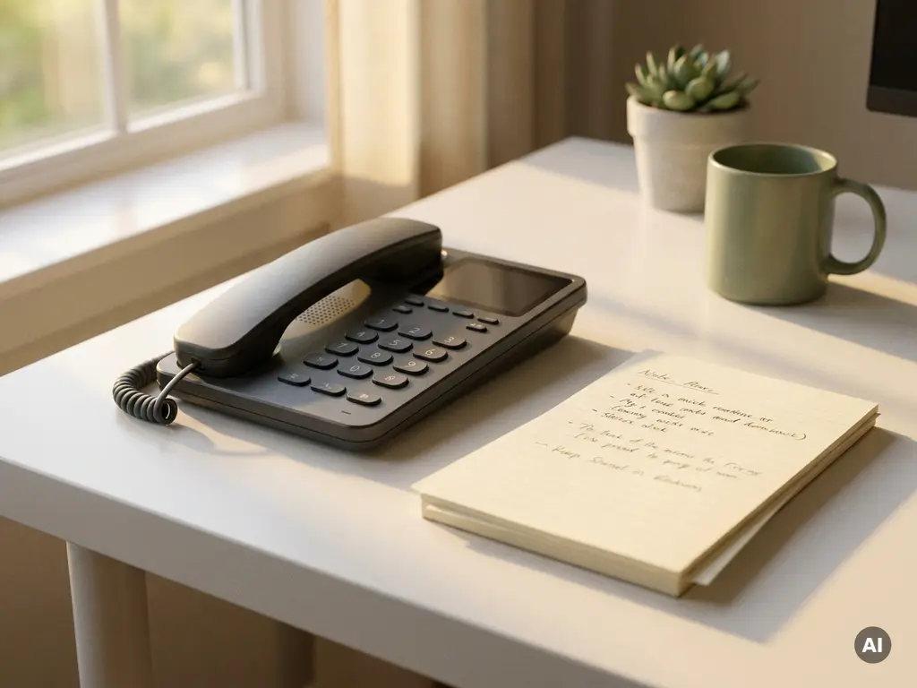 Slanke moderne bureautelefoon naast een notitieboekje met handgeschreven samenvatting op een wit bureau in warm middaglicht.