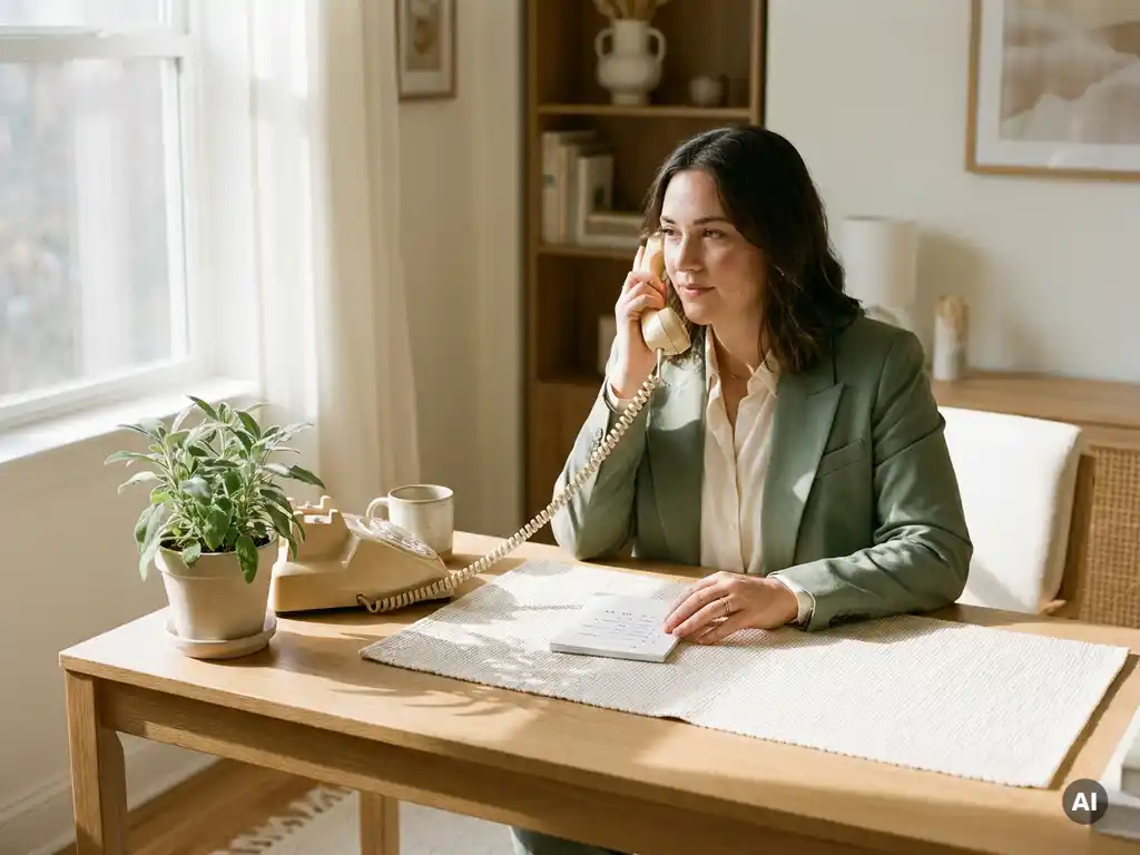 Professional aan modern bureau houdt telefoonhoorn vast en bekijkt notities, warm middagzonlicht door groot raam.