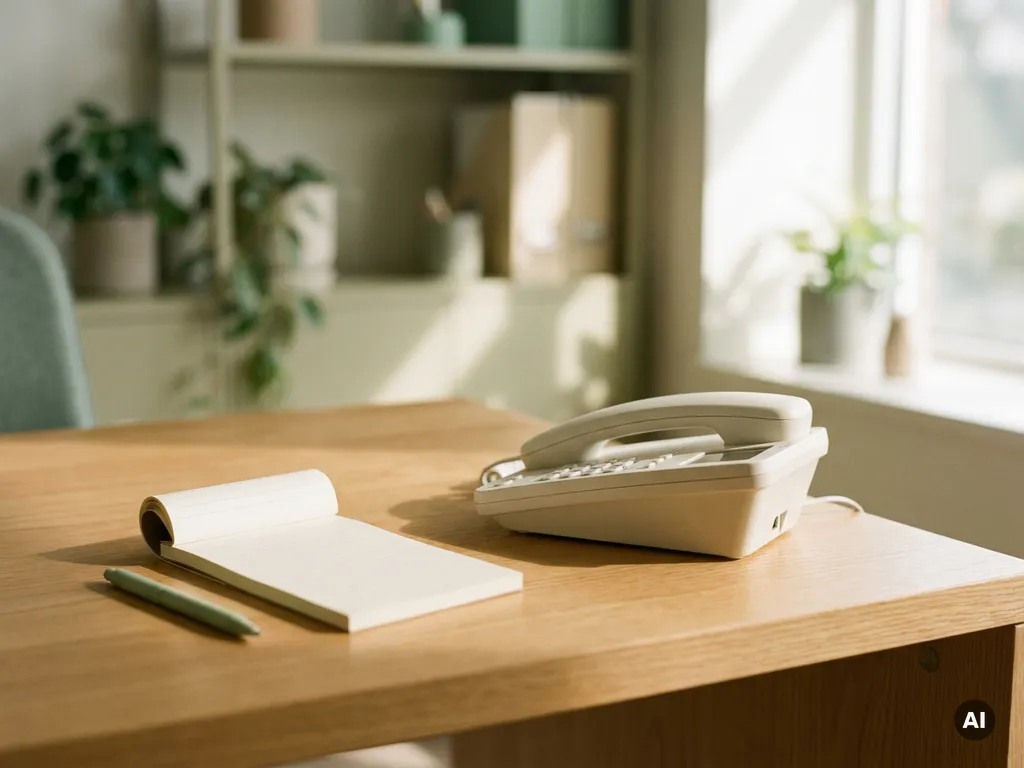 Moderne bureautelefoon op hoorn in rustieke kantooromgeving met notitieblok en pen op houten bureau.